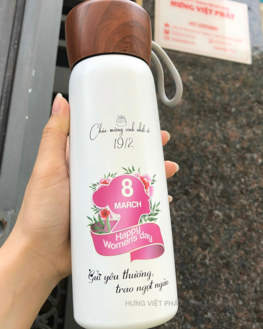 Bình giữ nhiệt inox 304 nắp giả gỗ in logo theo yêu cầu