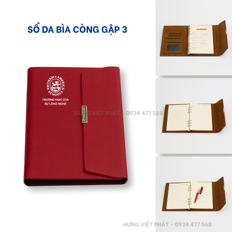 Chi tiết sổ da bìa còng gập 3 màu đỏ