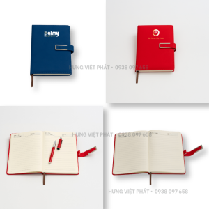 Sổ da dán gáy in logo màu đỏ và xanh