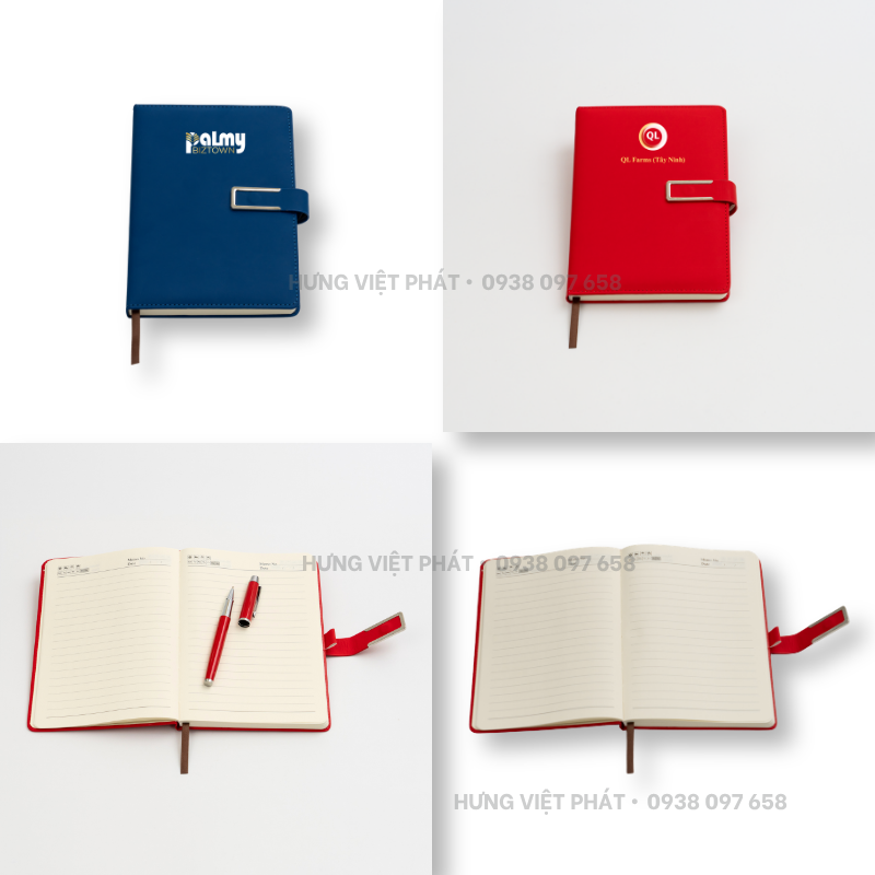 Sổ da dán gáy in logo màu đỏ và xanh