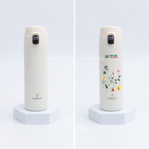 Bình giữ nhiệt inox nắp bật AR36 trước và sau in logo
